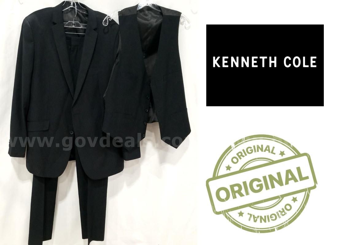 Authentic Original Kenneth Cole Black Suit Pinstripe Blazer Jacket Coat Vest & Pants Men's Size 44R M & 34x32