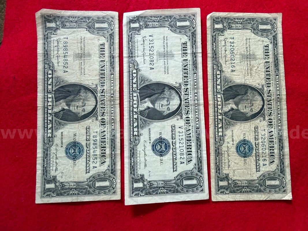 "3" $1 Silver Certificates 1957 B Circulated