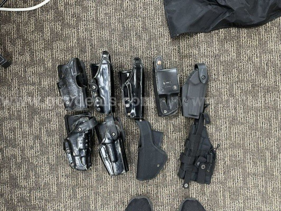 Lot of 9 Used Police Duty Holsters – Black – Various Styles/Brands – As Is
