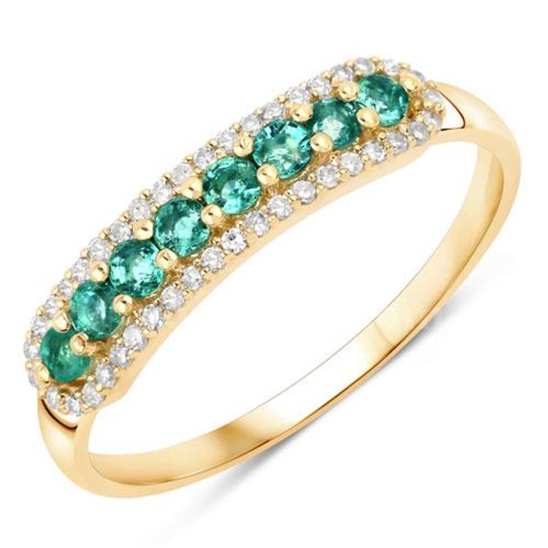 14K Yellow Gold Zambian Emerald Diamond Ring Round Emerald Band