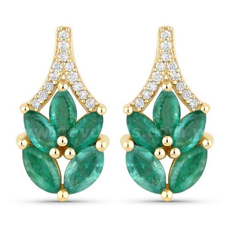 14K Yellow Gold Ladies Designer Natural Emerald & Diamond Earrings