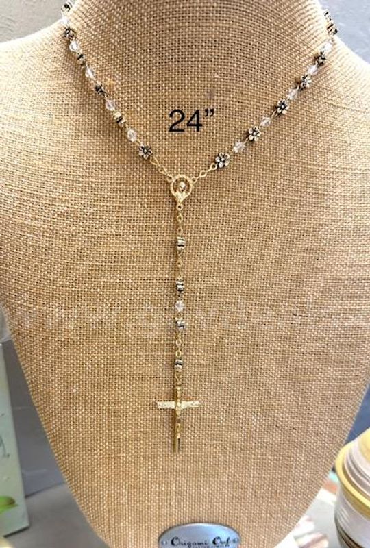 Beautiful, 24 Inch, Real 24k Gold Filled, CZ and Enamel Rosary