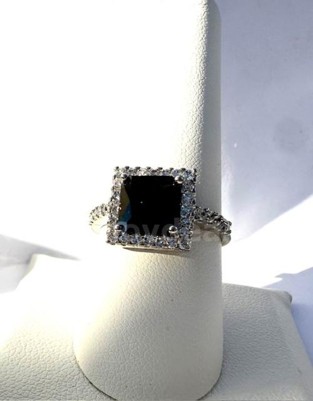 Ladies, Rhodium Clad, Size 9, Stunning, CZ Sapphire Princess Cut, Solitaire, W/Accents Ring