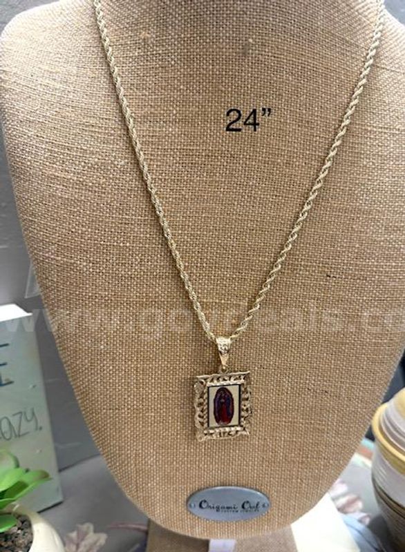 Beautiful, 24", 4MM, Real 24k Gold Filled, Rope Necklace W/Framed Lady of Guadalupe Pendant