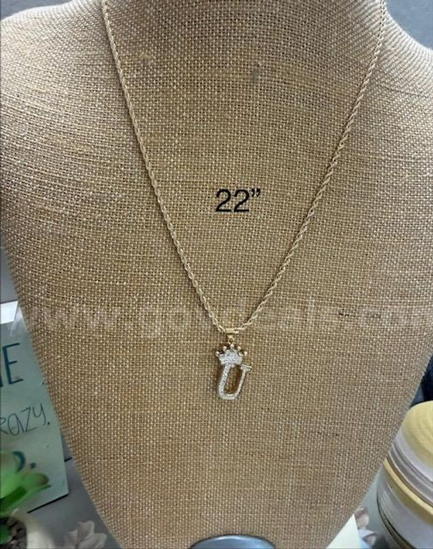 2MM, 22" Rope Necklace W/CZ "U" Initial Pendant, Real 24k Gold Filled
