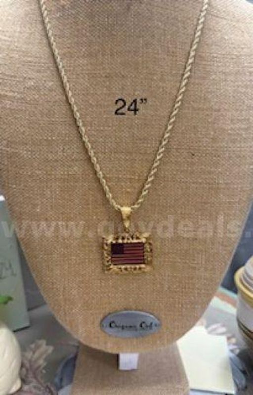 24k Gold, 4MM, 24" Rope Necklace W/Framed Flag Pendant