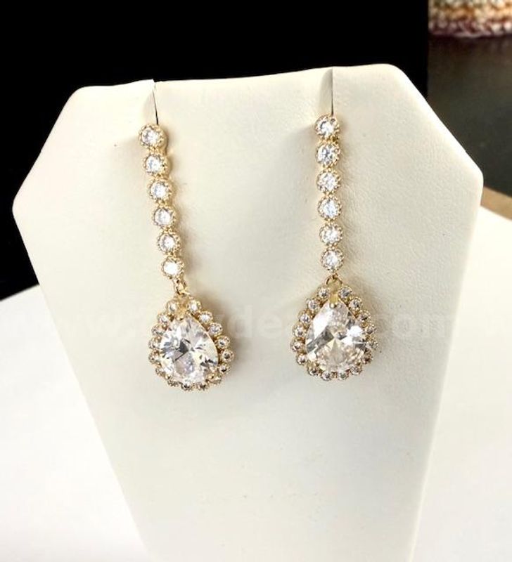 Gorgeous, Pear CZ Solitaire Hanging Earrings, W/Brilliant Accents, Real 24k Gold Plated