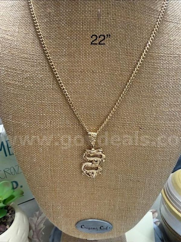 22", Curb Link, 24k Gold, Chain Necklace W/Diamond Cut Dragon Pendant