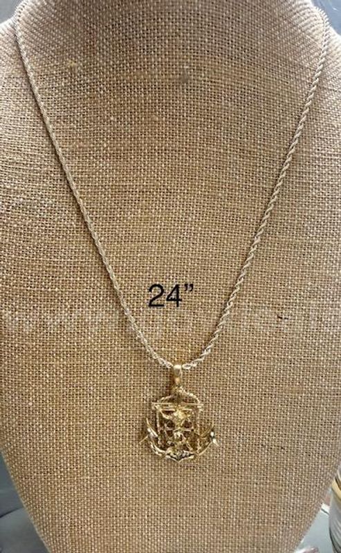 Beautiful, Jesus on Anchor Pendant W/24", 2MM Rope Chain, Real 24k Gold Filled