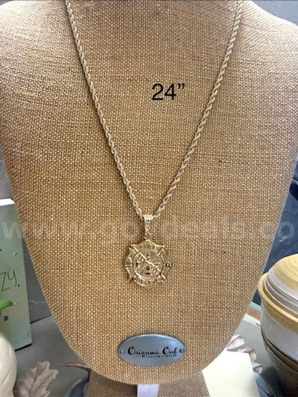 4MM, 24 Inch Rope Chain Necklace, W/Fire Rescue Pendant, Real 24k Gold Filled