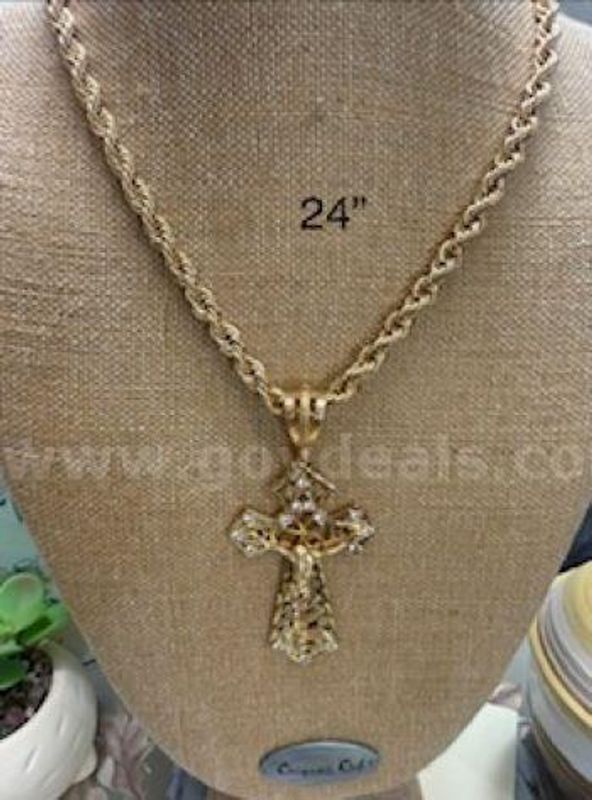 7MM, 24 Inch, Rope Chain Necklace W/Huge CZ Cross, Real 24k Gold Filled