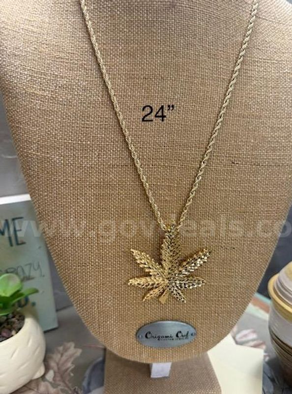 4MM, 24 Inch, Rope Necklace W/Marijuana Leaf Pendant, Real 24k Gold Plated