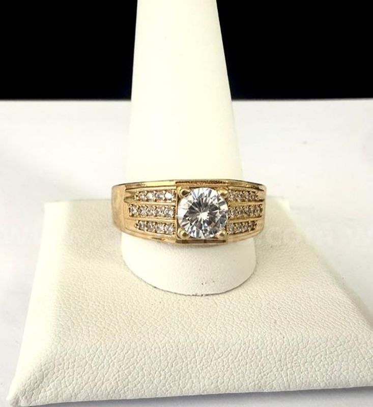 Men's, Stunning, Size 13, CZ Solitaire Ring W/Accents, Real 24k Gold Plated