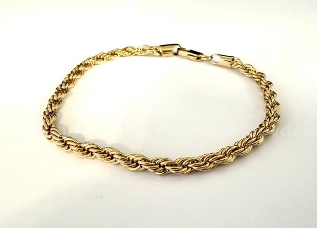 Beautiful, 8 Inch, 4MM, Rope Chain Bracelet, Real 24k Gold Plated
