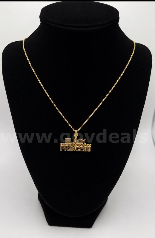 20” Small Chain Necklace W/ “Black Princess” Pendant, 24K Real Gold Filled.