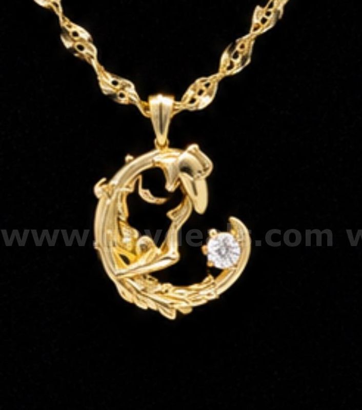 20” Twisted Necklace W/Girl Riding Moon CZ. 24k Real Gold Filled.