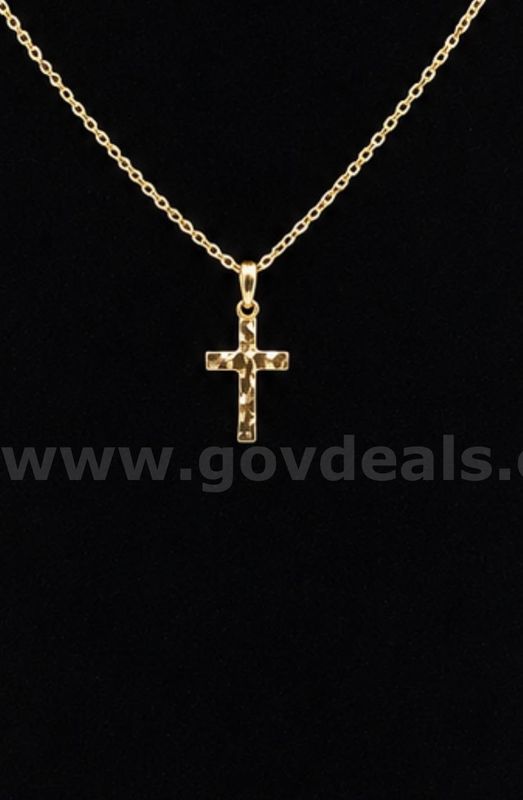 18”, Dainty Small Chain Necklace W/ Nugget Cross Pendant 24K Real Gold Plated