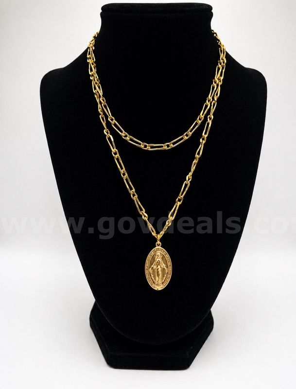 30” Paper Clip Style Necklace W/Religious Pendant, 24k Real Gold Filled.
