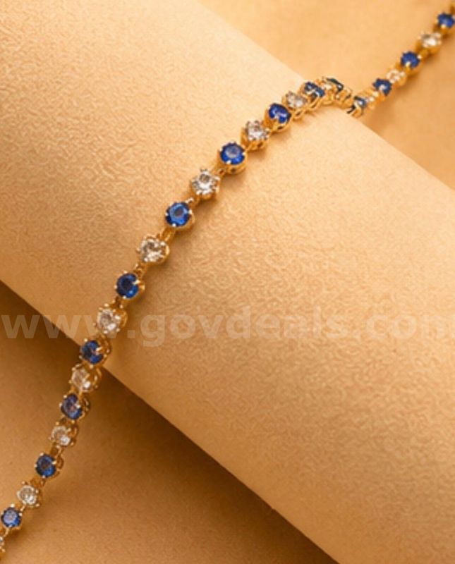 10 Inch Blue and Diamond CZ Anklet 24K Real Gold Filled.