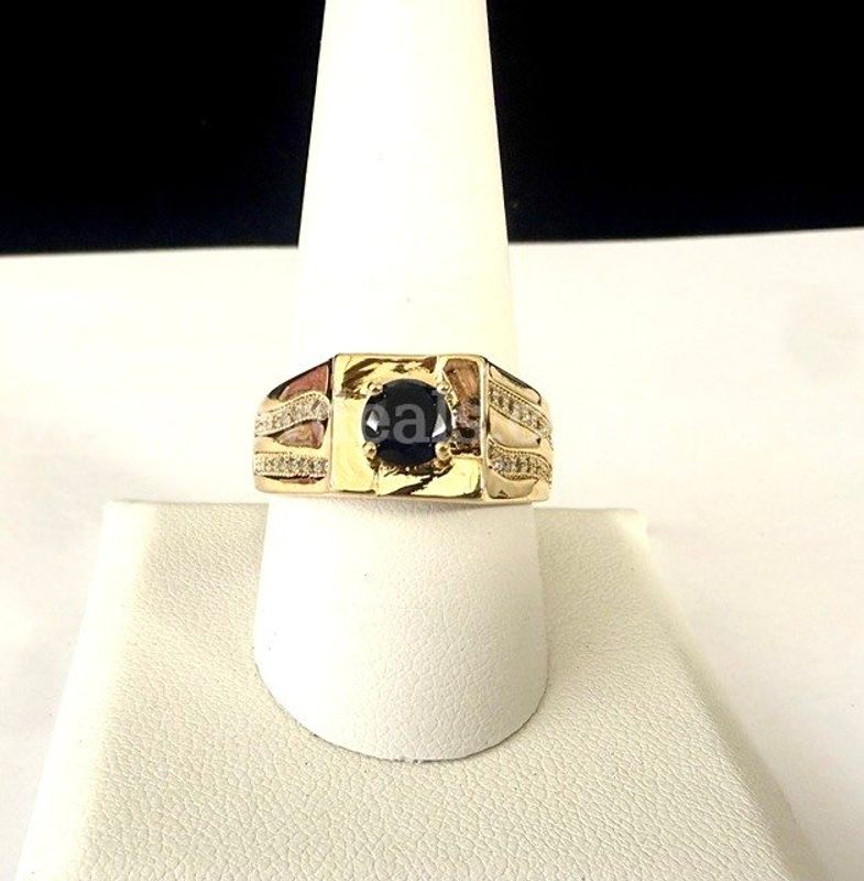 Beautiful, Men's, Size 10, CZ Sapphire Ring W/Accents, Real 24k Gold Plated