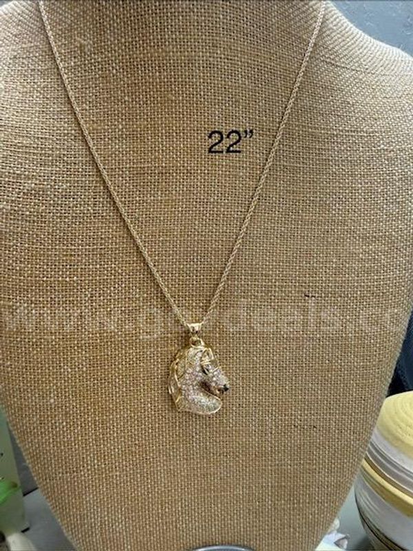 Beautiful, 22 Inch, 1MM, Rope Chain Necklace W/CZ Horse Pendant, Real 24k Gold Plated
