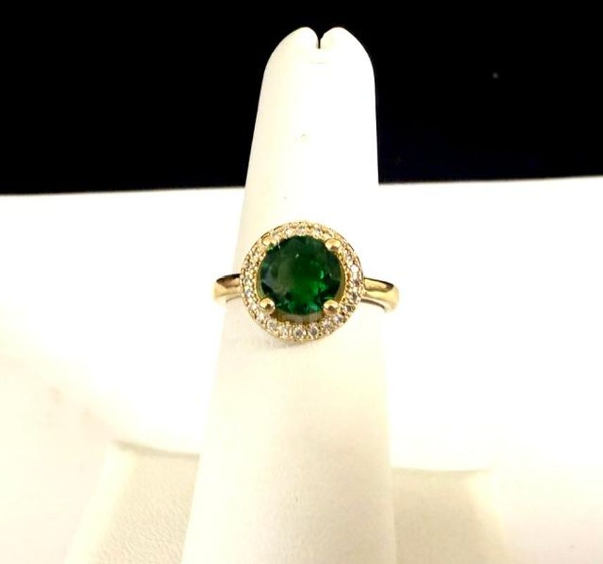 Ladies, Size 5 1/2, Beautiful, CZ Emerald Ring W/Accents, Real 24k Gold Plated