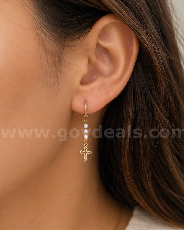 Dangling pearls W/Cross Earrings 24K Real Gold Plated