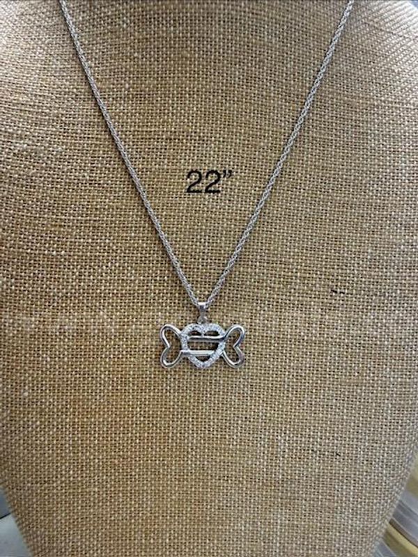 Beautiful, Rhodium Clad (Silver), 1MM, 22 Inch, Rope Chain Necklace W/CZ Dog Bone Pendant