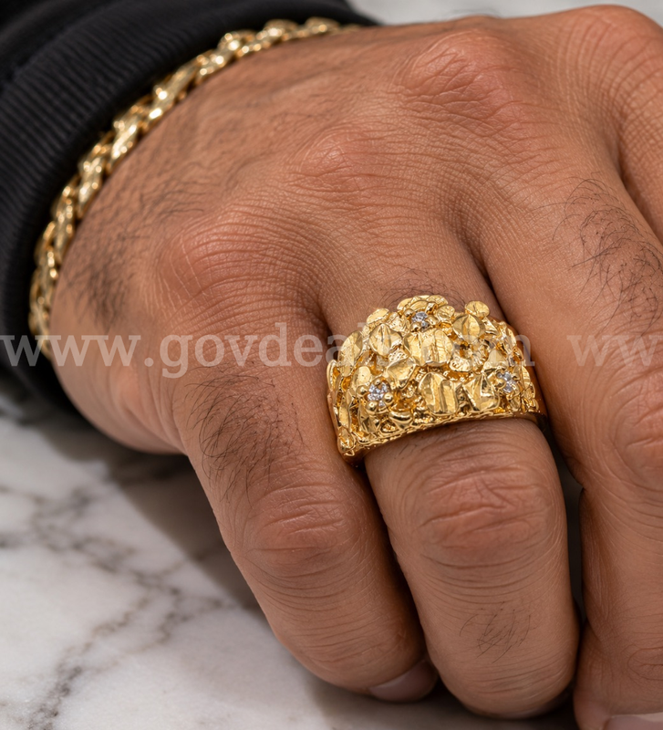 Size 8 Men’s Diamond Cut Nugget Ring W/CZ 24K Real Gold Plated