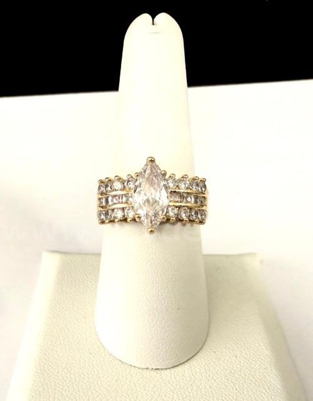 Gorgeous, Size 8, Ladies, 3 Carat CZ, Marquis Bridal Ring W/Brilliant Accents, Real 24k Gold Filled