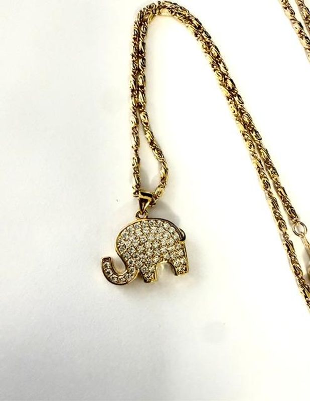 Beautiful, 20 Inch, Link Necklace W/CZ Elephant Pendant, Real 24k Gold Filled