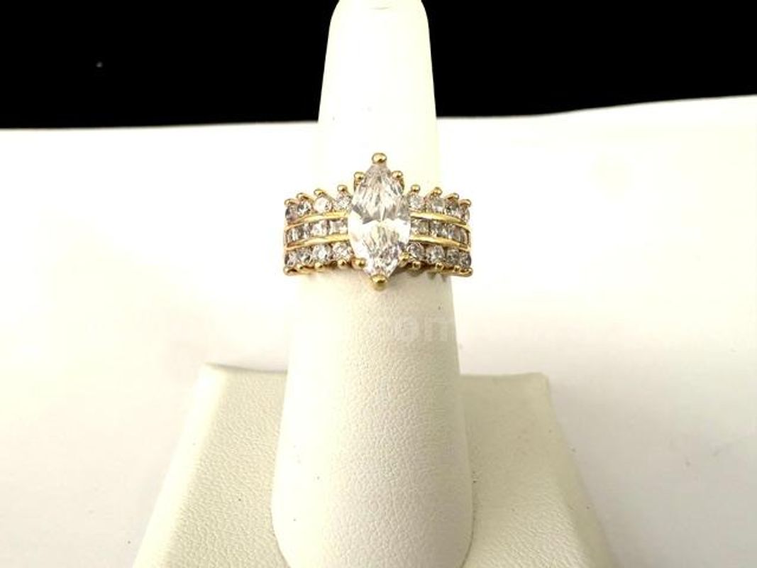 Beautiful, Size 7, 3 Carat, CZ Marquis Solitaire, W/Accents Bridal Ring, Real 24k Gold Filled