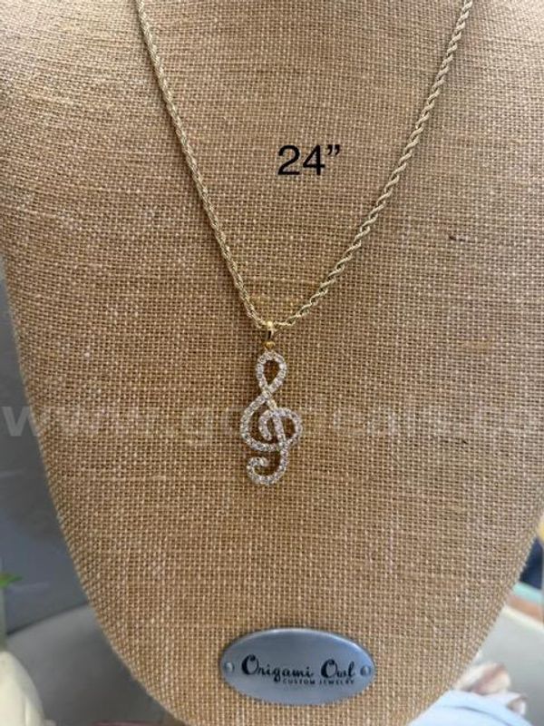Gorgeous, CZ, Music Pendant, W/4MM, 24 Inch, Diamond Cut Rope Chain, Real 24k Gold Plated