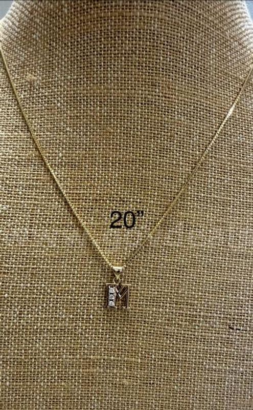 Beautiful, CZ Initial "M" Pendant W/20 Inch Box Necklace, Real 24k Gold Plated