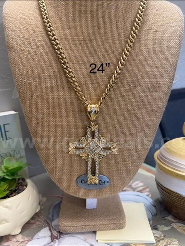 Gorgeous, 24 Inch, Heavy, Cuban Link Necklace Chain W/Large CZ Cross Pendant, Real 24k Gold Filled