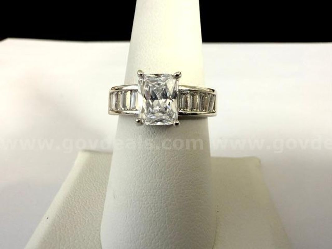 Beautiful, Rhodium Clad (Silver), Rectangle CZ Solitaire Bridal Ring W/Accents