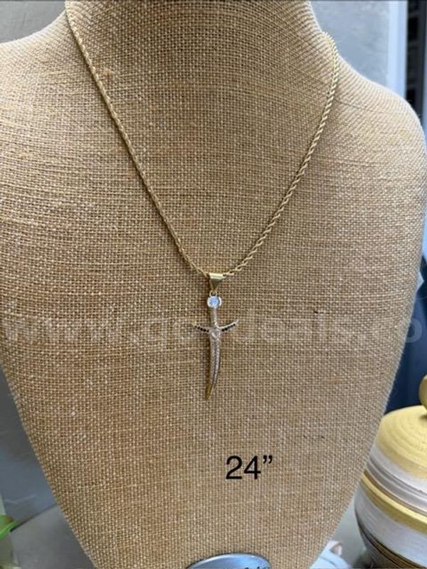2MM, 24 Inch, Diamond Cut Rope Chain Necklace W/CZ Sword Pendant, Real 24k Gold Filled