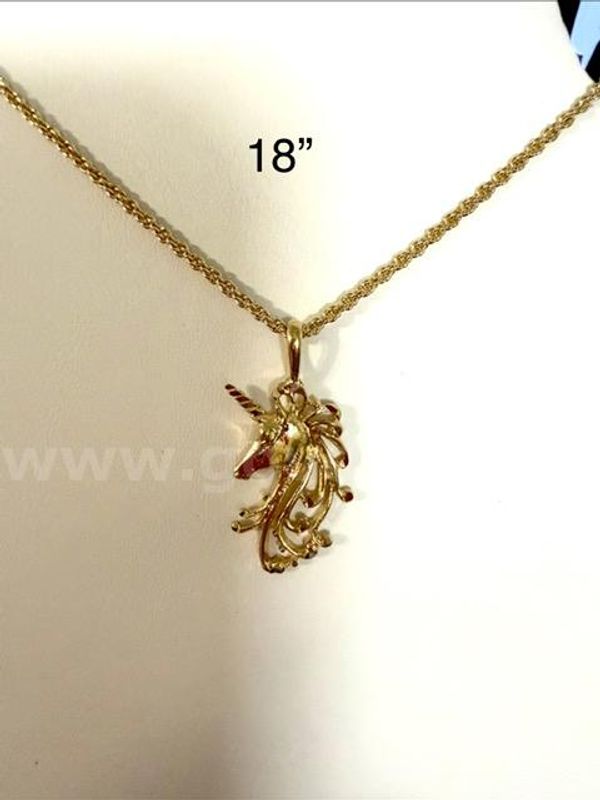 1MM, 18 Inch, Diamond Cut Rope Chain W/Unicorn Pendant, Real 24k Gold Plated