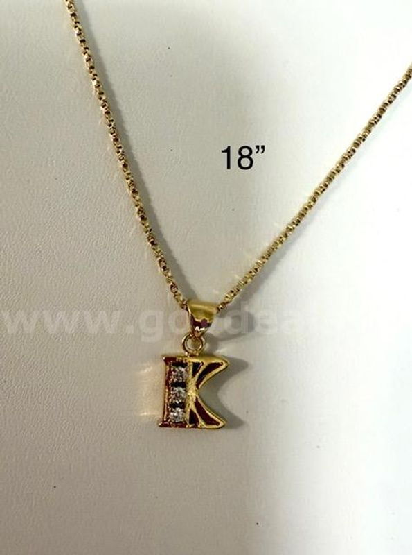 18 Inch, Diamond Cut Box Chain Necklace, W/CZ "K" Initial Pendant, Real 24k Gold Filled