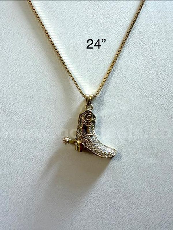 24 Inch, Box Chain Necklace, W/CZ Cowboy Boot Pendant, Real 24k Gold Filled