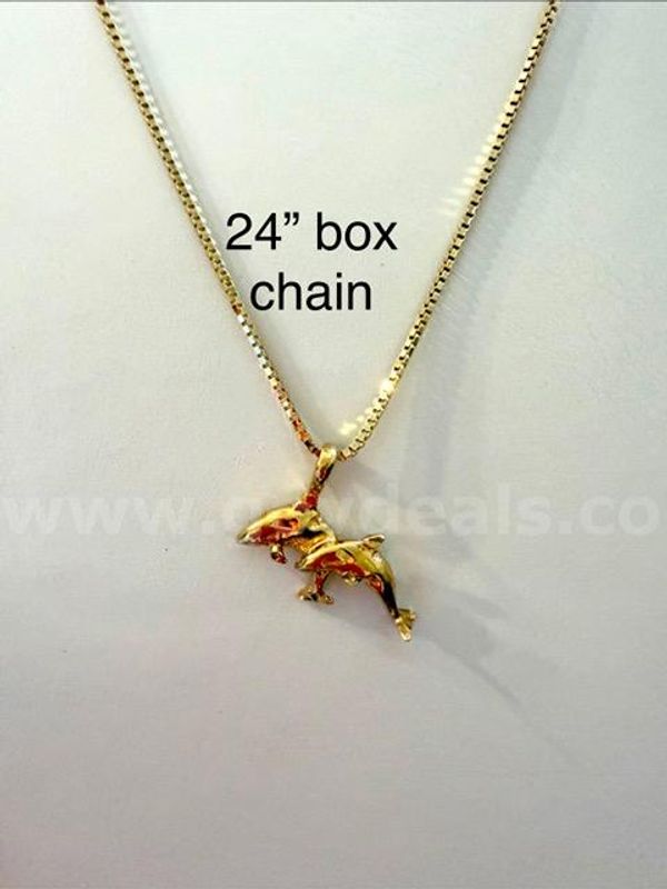 24" Box Chain Necklace, W/Dolphins Pendant, Real 24k Gold Filled