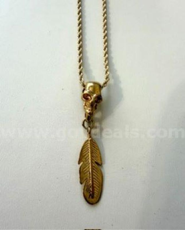 Gorgeous, 2MM, 22 Inch, Diamond Cut Rope Chain, W/Skull Feather Pendant, Real 24k Gold Filled