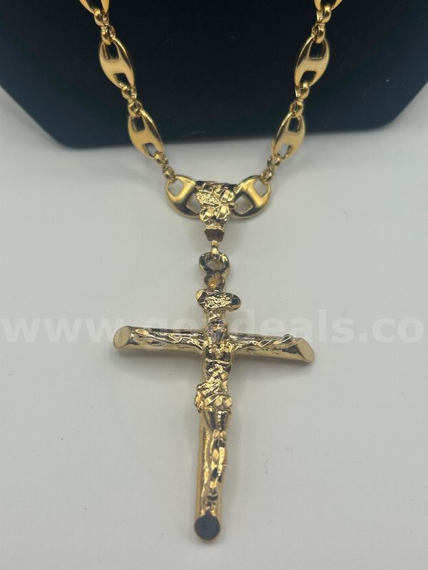 21”, Flat Mariner Chain W/Large Cross Pendant 24K Real Gold Plated