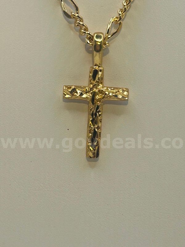 22”,Small Fígaro Chain Necklace W/ Nugget Cross Pendant 24K Real Gold Plated