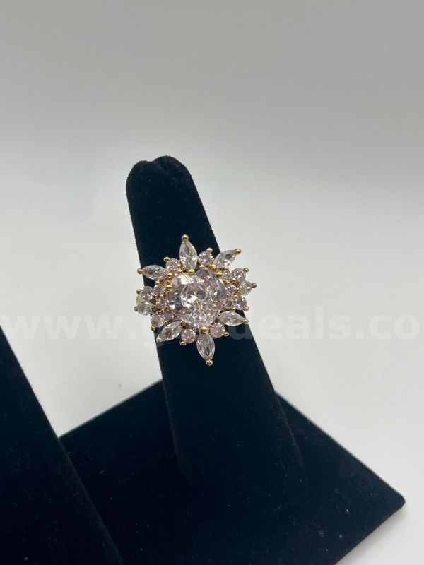 Size 5.5, Ladies, CZ, Floral, Heart, Marquise Cut Cocktail Ring 24K Real Gold Plated