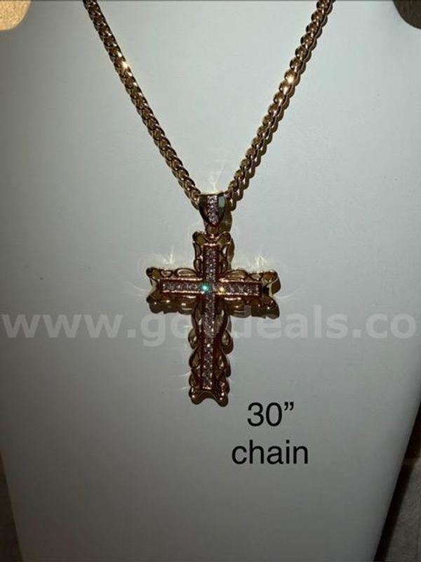 Gorgeous, Large CZ Bling Bling Cross, W/30 Inch Cuban Link Necklace Chain, Real 24k Gold Filled