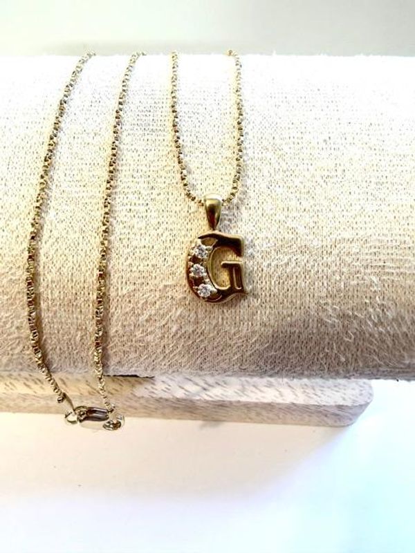 Ladies, 18 Inch, Diamond Cut Box Chain Necklace W/CZ "G" Initial Pendant, Real 24k Gold Filled