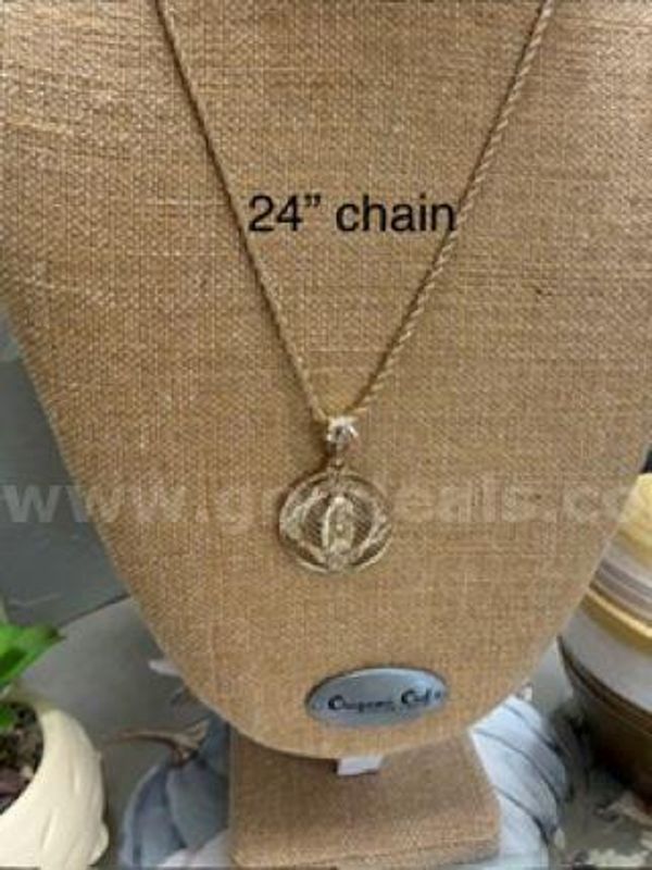 2MM, 24 Inch, Diamond Cut Rope Chain Necklace W/Lady of Guadalupe Pendant, Real 24k Gold Filled