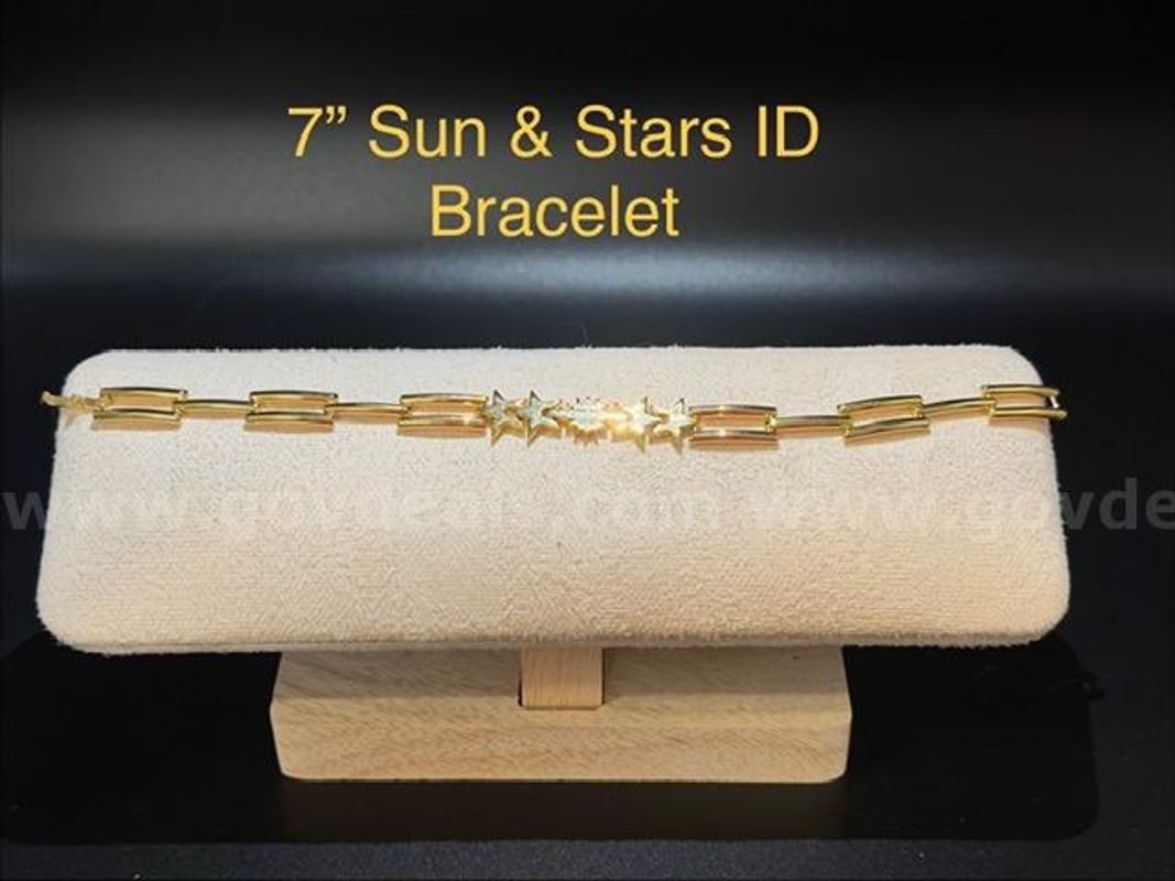 Unique, Ladies, Sun and Stars ID Link Bracelet, Real 24k Gold Plated