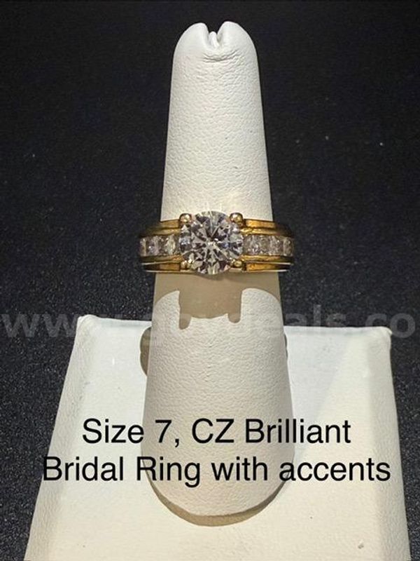Gorgeous, Ladies, Size 7, CZ Brilliant Solitaire Bridal Ring W/Accents, Real 24k Gold Plated
